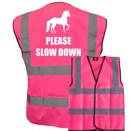 Bright Pink High Visibility Vest with White Text PLEASE SLOW DOWN WITH IMAGE- HORSE RIDING By Brook Hi Vis Small