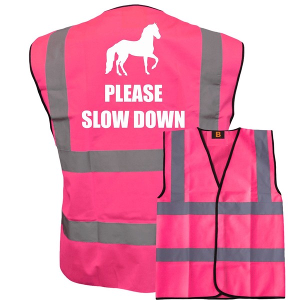 Bright Pink High Visibility Vest with White Text PLEASE SLOW