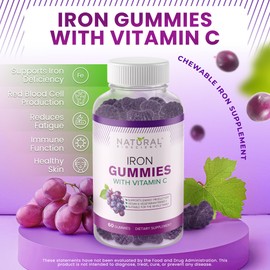 Iron Gummies with Vitamin C - Chewable Iron Supplement for Adults & Kids, Iron Deficiency Anemia, Red Blood Cell Support, Energy, Immune Function, Brain Health, Max Absorption, 60 Vegan Gummies