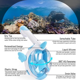 Snorkel Mask Full Face for Kids, Snorkeling Set with 180?? HD Seaview, Anti-Fog Anti-Leak Easy Breathing, Detachable and Compact for Vacation, Pink