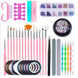 Nail Art kit Accessories, Brushes Set with Dotting Tool Striping Tape Crystals Holographic Sequins and 4 pcs Stickers, Professional Accessories for Art Decoration - Pink