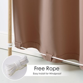 RYB HOME Windproof Outdoor Curtains for Patio Waterproof with Adhesive Top Back Tab Bottom,No Drill Sun Blocking Outside Curtains with Rope for Gazebo Porch Pergola, Mocha, W 52 x L 108, 2 Panels