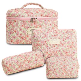 GISMTR 4Pcs Quilted Makeup Bag Set Cute Floral Cosmetic Bag Cotton Coquette Make up Bag Aesthetic Travel Toiletry Bag for Women Girls