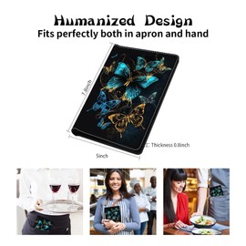 RAUEDWDJS Server Book for Waitress with Everlasting Pencil, Money Pocket Leather Wallet Booklet, Guest Check Receipt Holder Presenters, Waiter Accessories Fit Server Apron-Blue Butterfly
