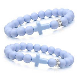 MEALGUET 2 Pcs Silicone Cross Bracelet for Men,Comfort Rubber Cross Beaded Silicone Men's Bracelet Set Stretch Jesus Wristband, Faith Religious Christian Catholic Jewelry Gifts,Blue