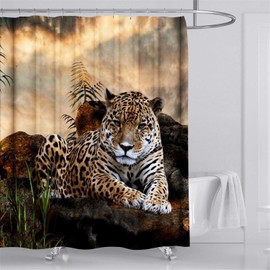 Juego de cortinas de ducha de tela de safari africano, diseño de leopardo, con ganchos, impermeable, lavable, 180 x 180 cm, marrón, negro y verde