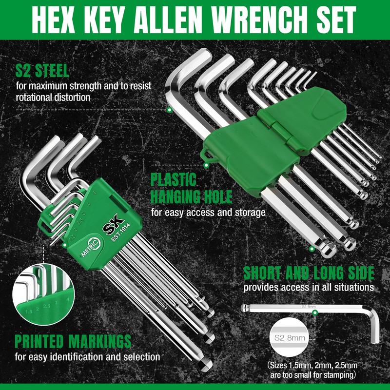 SK 9-Piece Allen Wrench Set, Hex Key Set, Metric Ball