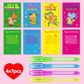 28PCS Valentines Day Gifts for Kids Classroom with Invisible Ink Pen, Kids Valentine Day Cards for School Boys Girls Student Exchange Gifts Spy Pens for Toddler Valentine's Party Favors Treat Bulk