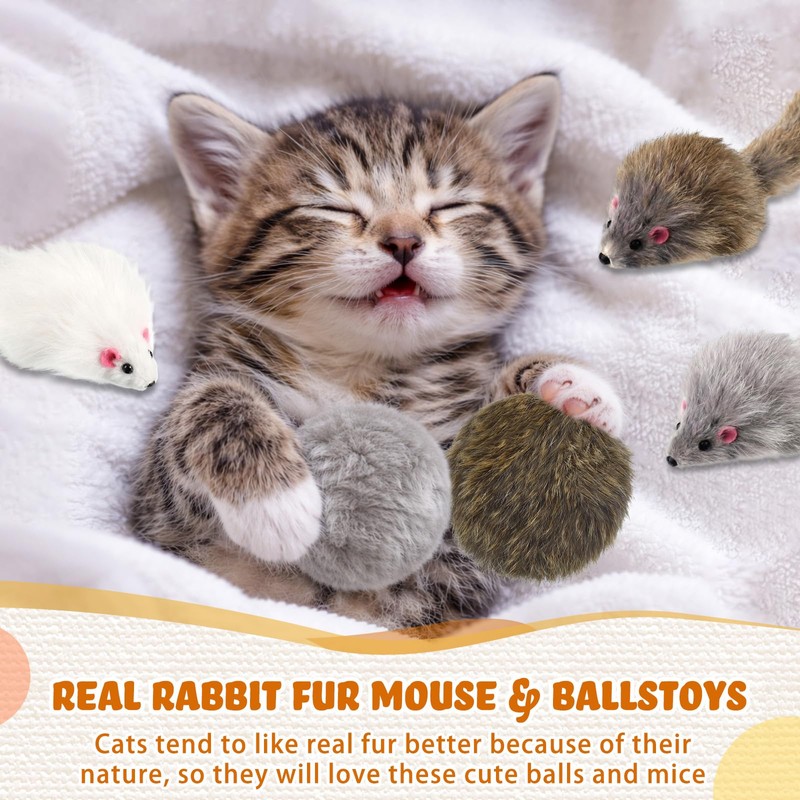 Lewtemi 24 Pcs Real Rabbit Fur Mouse Toys for Cats