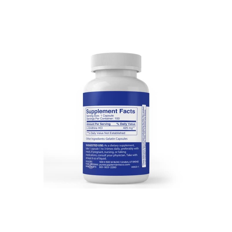 L-Ornithine HCl (100 cápsulas) Suplemento de entrenamiento, síntesis de proteínas