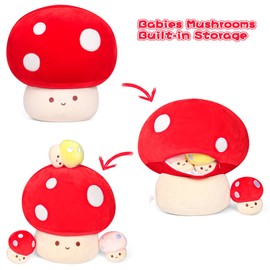 14in Mushroom Plush with 3 Babies, Adorable Mushroom Stuffed Animal Plushie, Soft Fuzzy Stuffy Pillow Gifts for Kids Adults, Kawaii Plush Decor