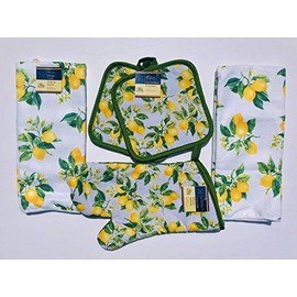 Home Collection Lemon Kitchen 5 Piece Towel Set - 2 Towels, 2 potholders, 1 Oven Mitt