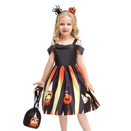 DERAYEEE Halloween Costume, Children's Dress, Pumpkin, Witch, Costume, Cosplay, Girl, Cute, Bag Included, Costume, Party Dress, Ghosted, Performance Clothes (S Size, Pumpkin Pattern)