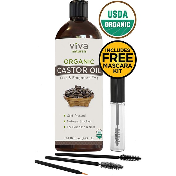 Organic Castor Oil for Eyelashes and Eyebrows (16 fl oz) - USDA Certified Organic, Cold Pressed Castor Oil, Natural Hair Oil & Eyelash Serum, Beauty Kit Included