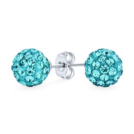 Licht Aqua Blau Pave Crystal Disco Ball Stecker Ohrringe Für Frauen Teens Runde Einfache Grunddesign .925 Sterling Silber - Größe 8MM