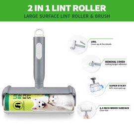 FOYERNUAGE Large Lint Roller, 2in1 Lint Roller&Brush, Lint Roller for Pet Hair with a Cover, Lint Roller Extra Sticky, Lint Roller for Clothes, Furniture, Carpet, 300 Sheets (1Handle and 5Refills)