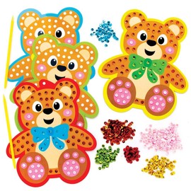 Baker Ross FE364 Teddy Bear Sequin Art Kits - Pack of 4, Make Your Own Childrens Art Set, Creative Activities for Kids, Decorate Your Own Arts and Crafts Project