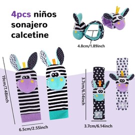 4 piezas Calcetines Sonajero y Pulsera,Sonido Estimulante Temprano y Colores Brillantes,Estimulacion Temprana para niños con Sonido y Colores Brillantes(Morado y azul)