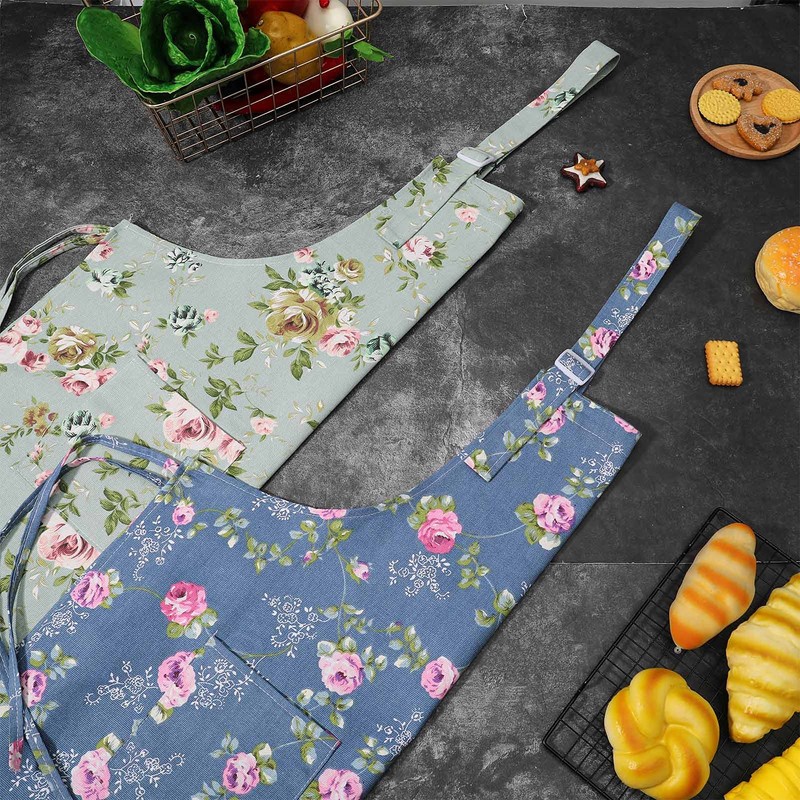 SUSSURRO 2 Pack Floral Aprons with 2 Pockets, Cotton Canvas