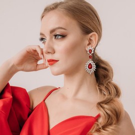 Flyonce Red Crystal Dangle Earrings for Women, Sparkly Rhinestone Vintage Style Art Deco Pierced Drop Earring Wedding Prom Party Jewelry for Brides Bridesmaid Silver-Tone