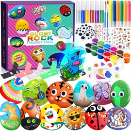 Set of 12 Stones Painting Set with 24 Colours, Glow in the Dark and Metallic & Standard Colours, Creative Stone Painting Set, Craft Set, Stones Painting, Gift Girls 4-12 Years