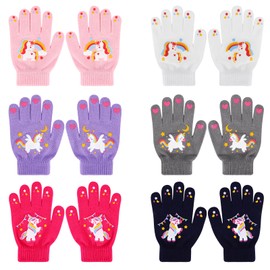 QKURT 6 Pairs Kids Knit Gloves, Winter Magic Gloves Thermal Children Gloves Stretchy Colourful Gloves Full Finger Gloves Birthday Christmas Gloves for 5-12 Years Old Boys Girls