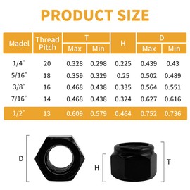 MateIJS 14Pcs 1/2-13 Black Nylon Lock Nuts, 304 Stainless Steel Nylon Insert Locknuts, A2-70 Grade Hex Nylock Nuts, Black Oxide Coarse Thread for Automotive & Machinery