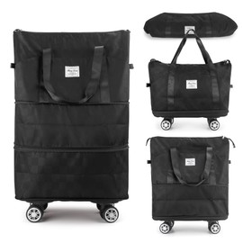 Zoofen Foldable Duffel Bag Expandable Travel Bag with Removable Wheels Weekender Travel Bag Carry On Bag Camping Bag(Black)