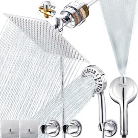 10" Dual Filtered Shower Head Showerhead with Handheld Sprayer 20 Stage Water Filter Diverter 79" Hose Combo, Luxau Filtration Fixed Rain Rainfall, for Chlorine Well Water Hair Dry Skin, (DSFC02, 10")