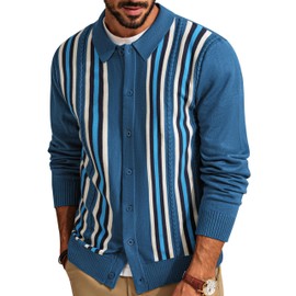 PJ PAUL JONES Mens Striped Cardigan Long Sleeve 70s Vintage California Open Front Polo Neck Sweater Blue L