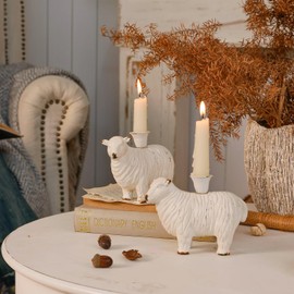 NIKKY HOME Sheep Taper Candle Holders Set of 2, Farmhouse Rustic Candlesticks Pedestal, Centerpieces Decorations for Fireplace Mantel Dining Table, Distressed White