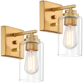 Pia Ricco Wall Sconces Set of 2, Bedside Wall Lamps with Rotary Switch for Bedroom, Modern Bathroom Light Fixtures with Clear Glass Shade, Gold Sconces Wall Lights for Living Room, Hallway, Kitchen