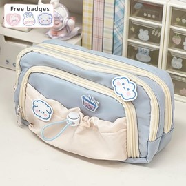 Lindo estuche estético para lápices Kawaii con alfileres Kawaii, estuche grande para lápices, suministros de preparación (azul)