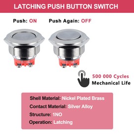 DMWD 22mm Heavy Duty Latching Metal Push Button Switch Waterproof 20Amp 12V 24V 110V ON-Off 1NO 2 Screw Terminals for 7/8" Mounting Hole Without LED for Marine Boat Truck