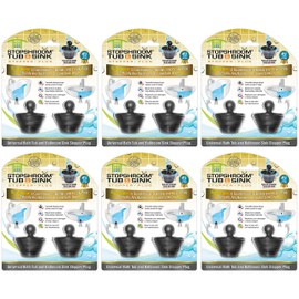 StopShroom Tub 2 Pack Universal Stopper for Bathtub and Bathroom Sink Drains, Black, 6-Pack