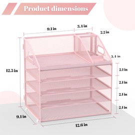 OrgMate Letter Tray Paper, 5 Tier Desk Organizer with Pen Holder and Handle, Mesh File Organizer Paper Sorter Metal Desktop Document Shelf for Office Home Classroom - Pink