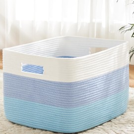 Large Cotton Rope Storage Basket with Reinforced Handles, Foldable Neutral Woven Organizer Bin for Laundry Toys Baby Clothes Nursery Living Room (Blue Tri-Colorblock, 21.65" x 16.93" x 12.01")