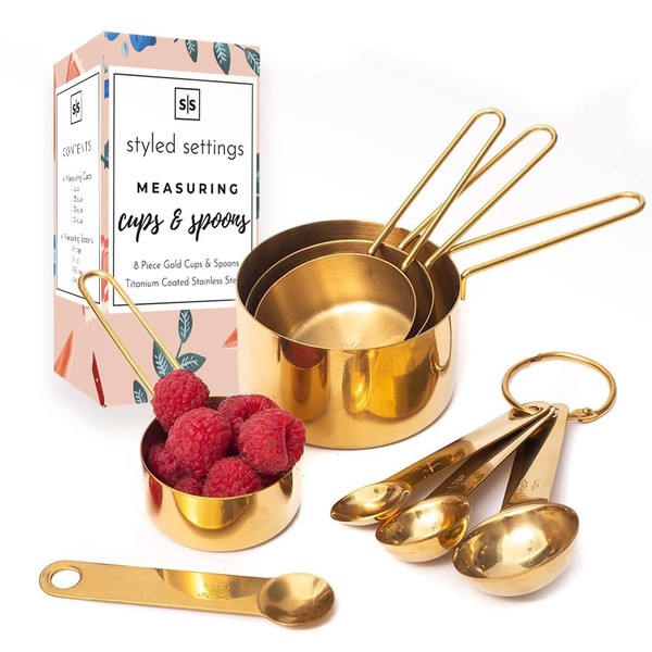 Gold Measuring Cups and Spoons Set - Stackable, Stylish, Sturdy 8-Piece Gold Measuring Spoons Set - Cute Measuring Cup Set, Gold Kitchen Accessories, Gold Kitchen Utensils