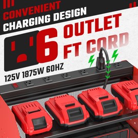 ZESEN Power Tool Organizer with Charging Station, Heavy Duty 3 Layer Drill Holder Wall Mount Garage Shelf Rack with 6 Outlet Power Strip, Tool Shelf with Hooks, Drill Bit Rack for Garage, Red