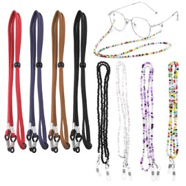 Swpeet 8Pcs 8 Color Adjustable Leather/Beaded Eye Glasses Strap Kit, Anti-slip Sunglasses Eyewear Eyeglass Holder around Neck Chain Lanyard Retainer for Women Men and Kids