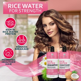 Rice Water Shampoo and Conditioner Set - Sulfate Free for Thin and Fine Hair - Fuller, Thickening Formula for Women and Men - With Strengthening Saw Palmetto - Anti Thinning, Volumizing for Thick Hair