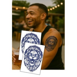 Roaring Lion Semi-Permanent Tattoo – 2x 6x4" Sheets – Bold Blue Ink Hardwear for Men – by Inkwear