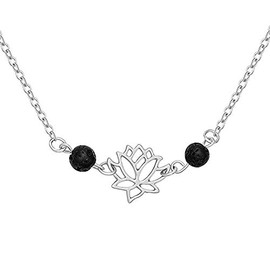 Natural Black Lava Rock Stone Lotus Flower Pendant Necklace for Women Aromatherapy Essential Oil Diffuser Jewelry (Silver)