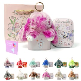 MINGRI Soft Bunny Lulu Keychain with Tin,Easter Gifts for Kids Pluch Keychain,Cute Bag Charm Key Chain(Rose Red)