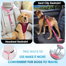 SlowTon Dog Car Seat Belt, 2 Pack Headrest Restraint Seatbelt with Bowl, Adjustable Pet Safety Leads with Reflective Elastic for Dog Travel Daily Use (Fluorescent Pink, 2 Headrest + Clip + 1 Bowl)