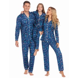 Ekouaer Christmas Family Matching Pajamas Long Sleeve Button Down Pj Set Festival Party Sleepwear,Navy Blue,Men,L