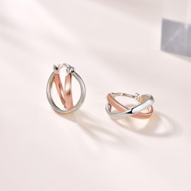 PHNIBIRD 925 Sterling Silver Earrings Rose Gold Hoop EarringsTwo-coloured X Symbol Hypoallergenic gifts for women(Rose gold)