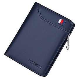 portafolios para hombre con cierre de piel auténtica para tarjetas de crédito con bolsillo para monedas, Azul, 4.7’’ x 3.7’’ x 0.7’’, Minimalista