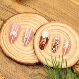 RIICFDD Christmas Nails Medium Press on Nails Almond Fake Nails Cute Cartoon False Nails Gingerbread Man Glue on Nails Full Cover Bow Snowflake Stick on Nails for Women Artificial Nails 24 Pcs