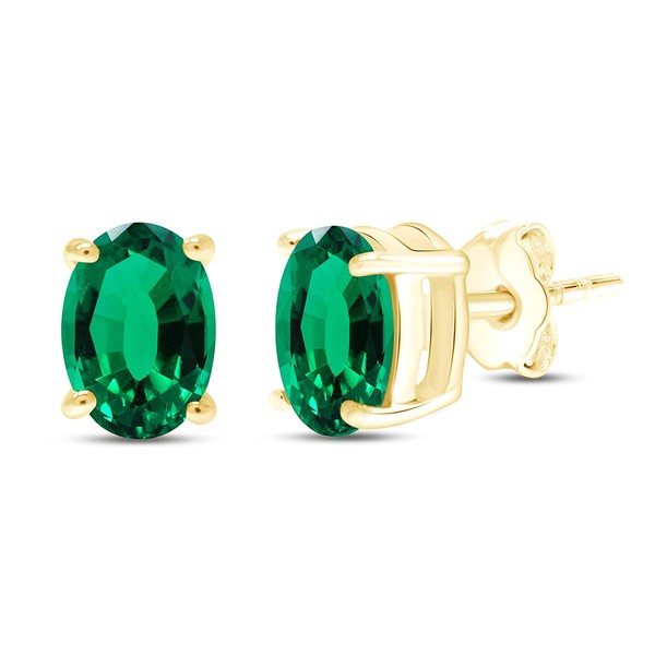 AFFY 8X6MM Oval Shape Birthstone Simulated Emerald Solitaire Stud Earrings